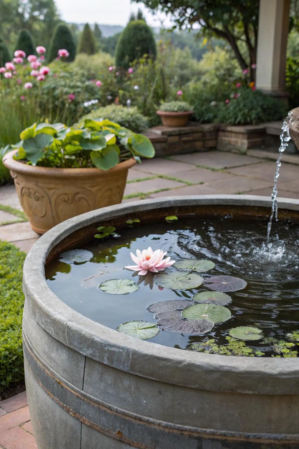 A serene water feature in a large garden container.
