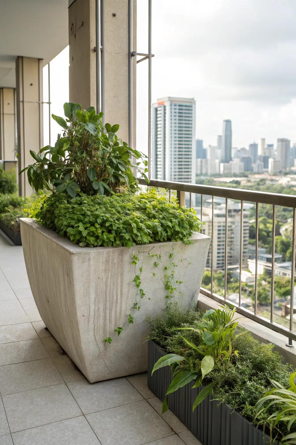 A chic urban jungle with a concrete container filled with greenery.