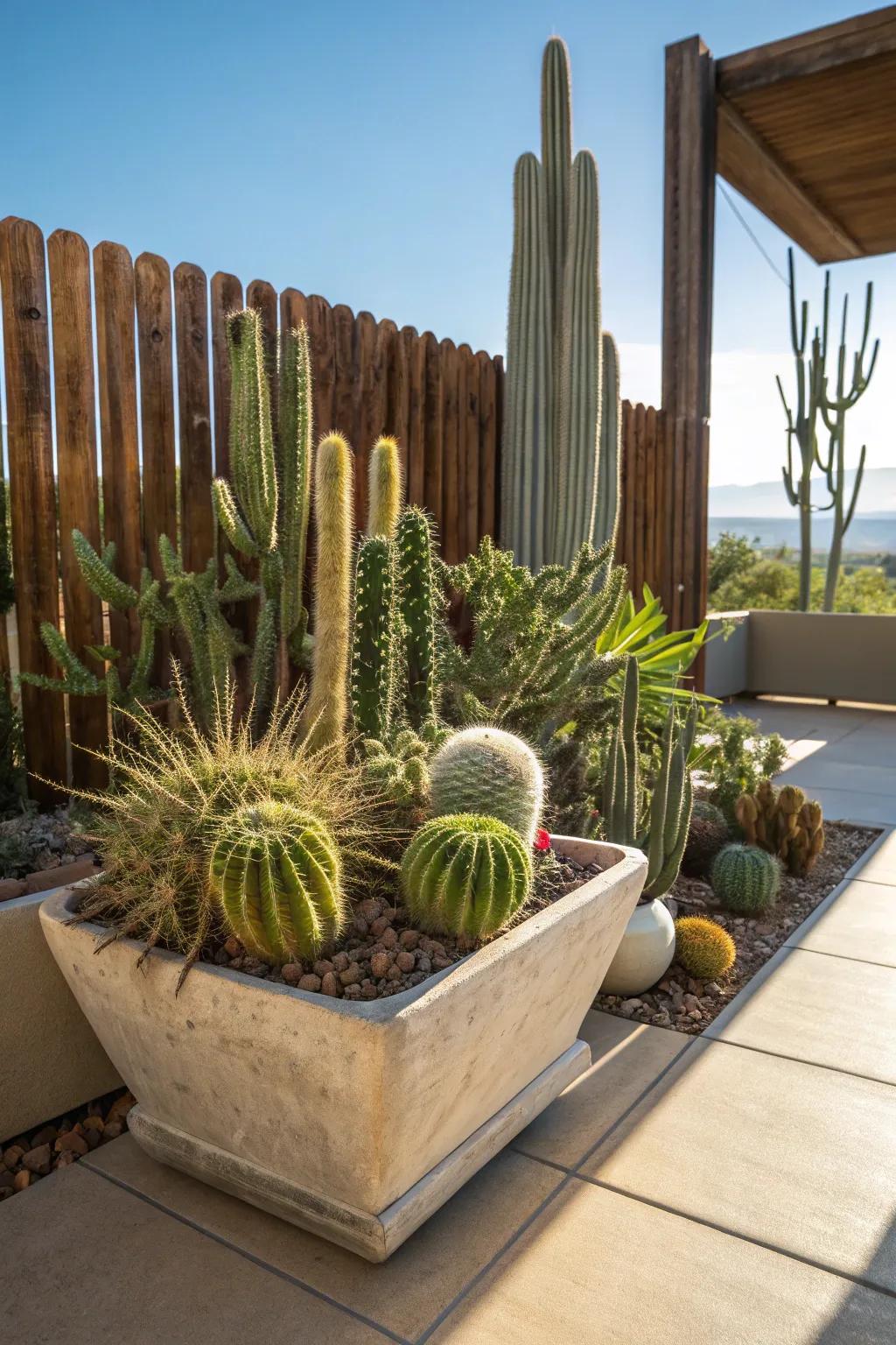 A striking cacti collection in a large container.
