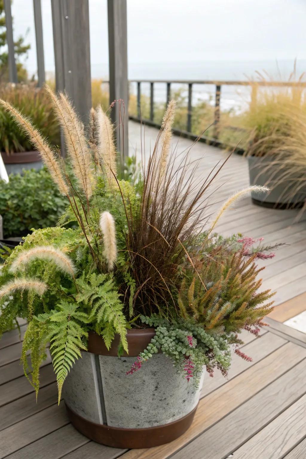 A captivating mix of textures in a large garden container.