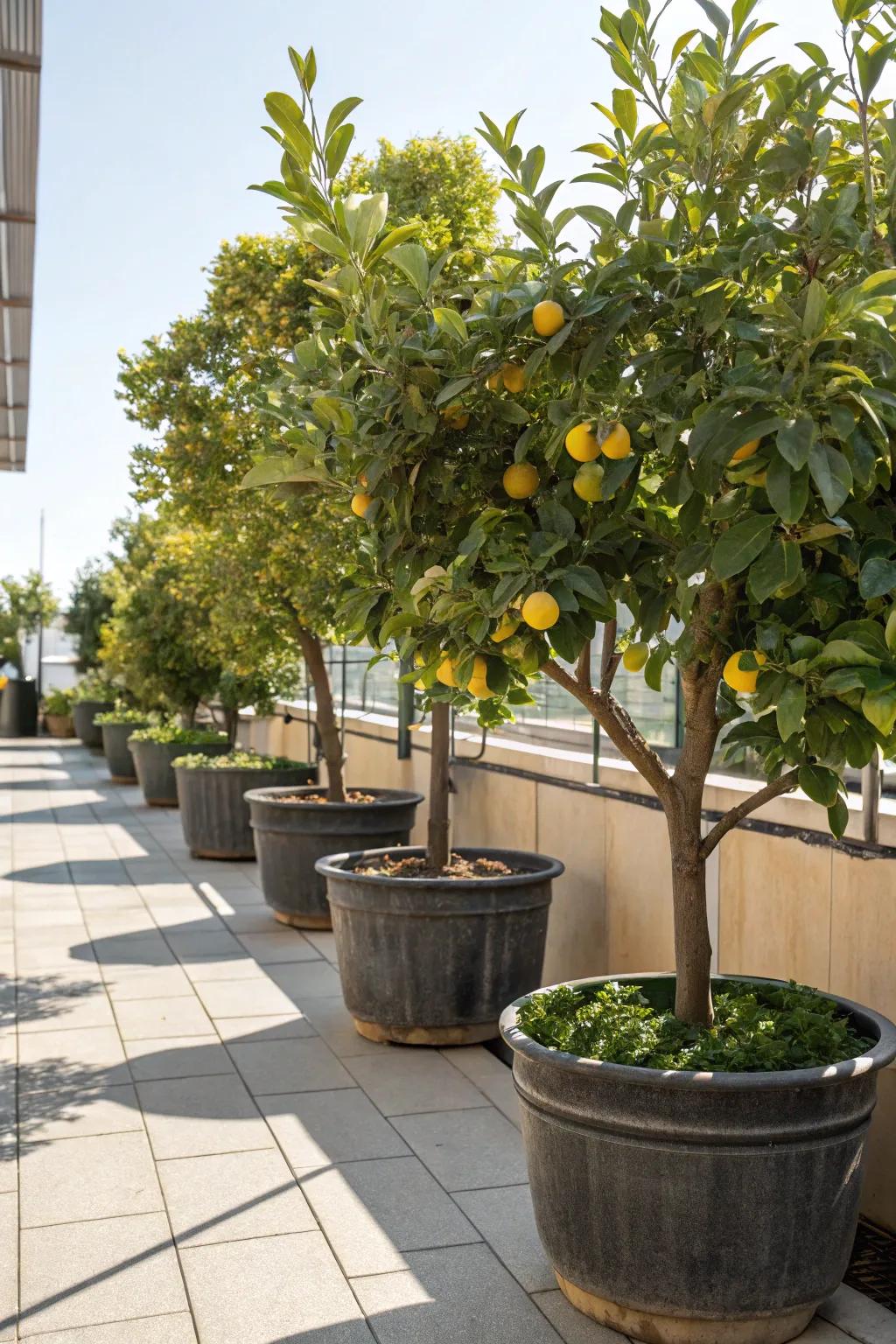 A delightful mini fruit orchard with dwarf trees in containers.