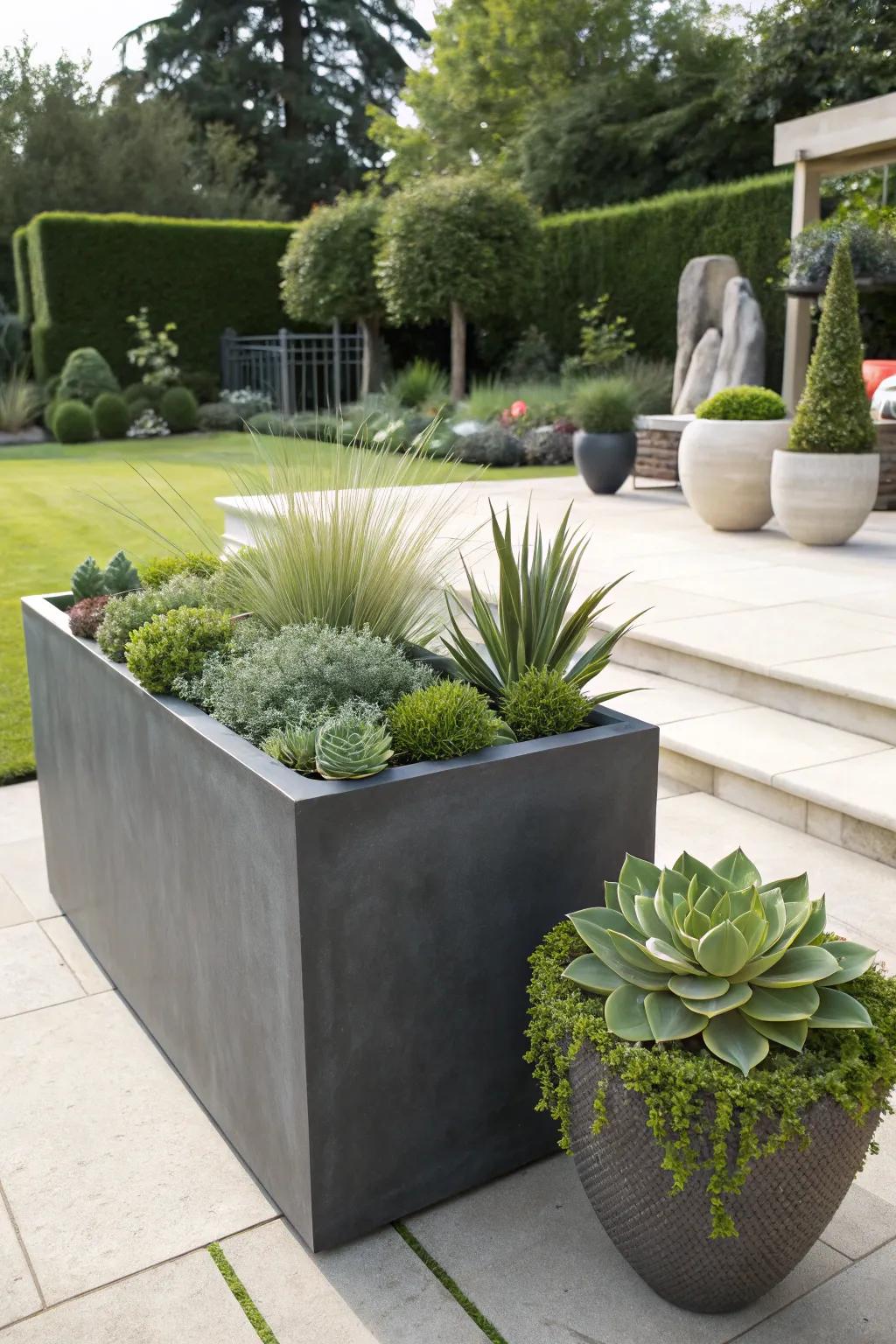 Modern minimalism with sleek containers and statement plants.