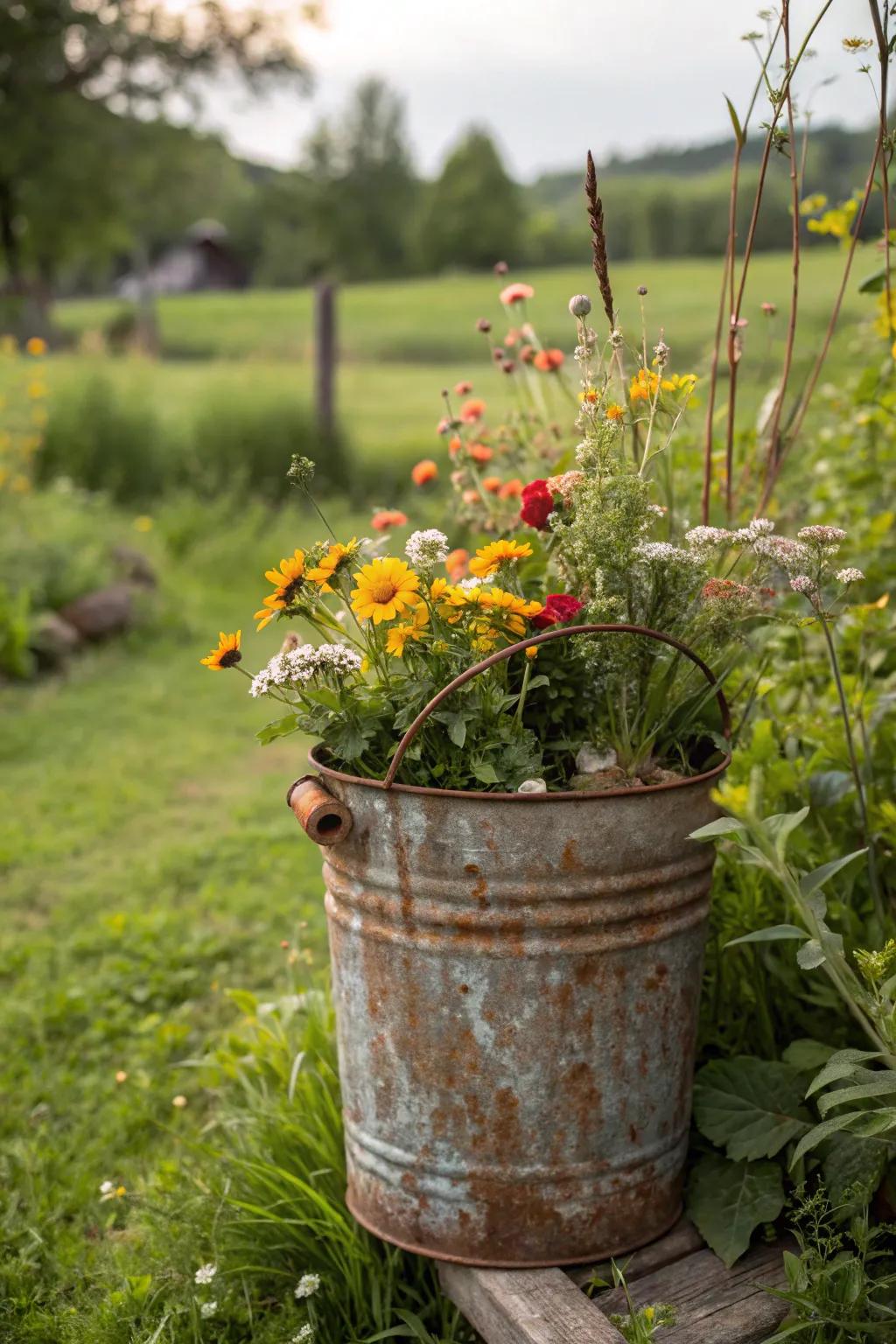 Rustic charm with a vintage bucket filled with wildflowers.
