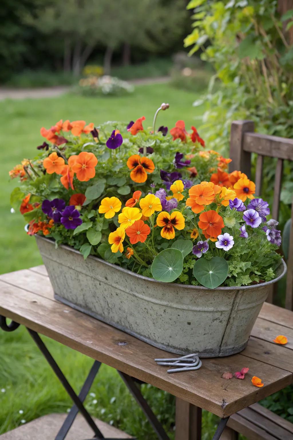 A delightful edible flower arrangement in a large container.