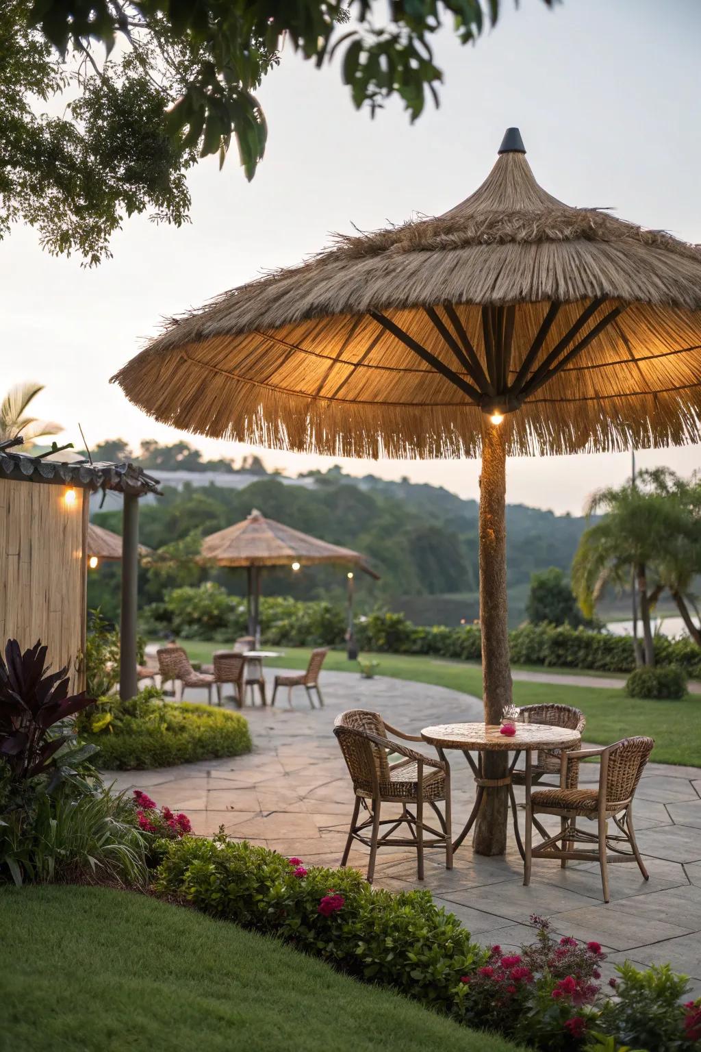 A hula thatched umbrella adds authenticity and shade to your tropical setup.