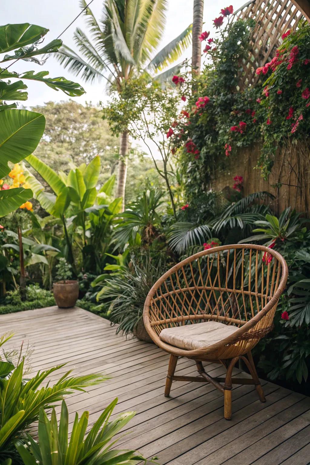 Vintage rattan accents add warmth and nostalgia to your tiki decor.