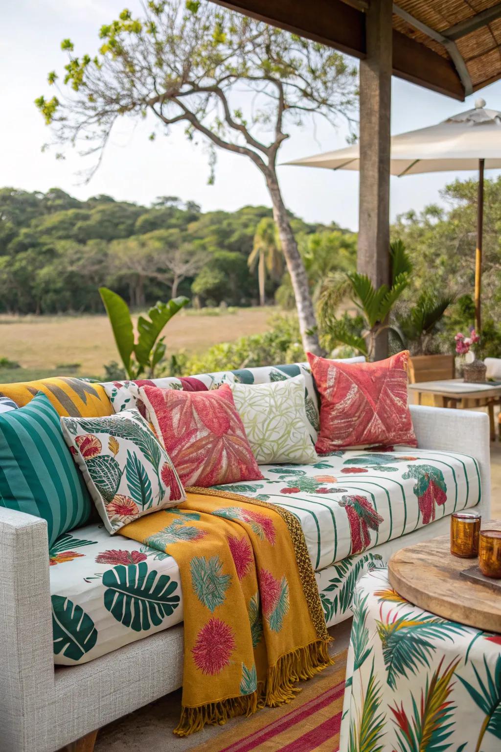 Tropical fabrics bring vibrant colors and comfort to your tiki space.