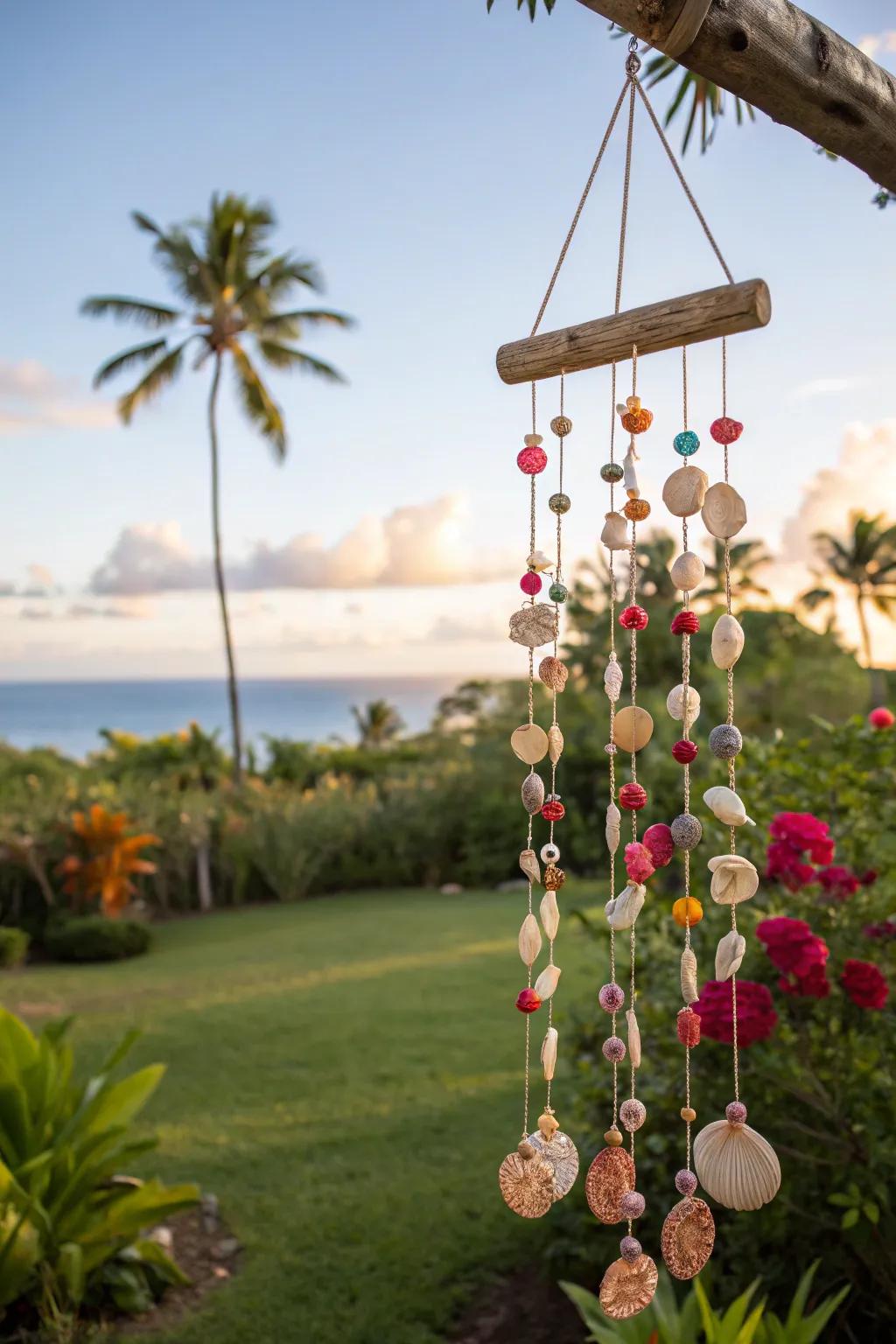 Shell wind chimes add a coastal touch and soothing sound to your tiki space.