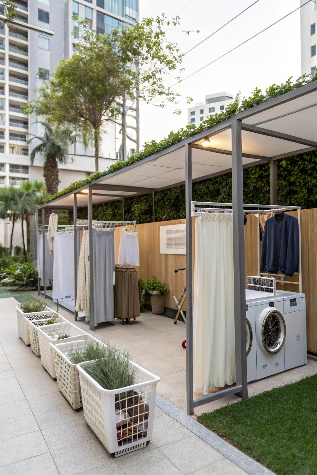Adaptable laundry space with portable partitions.