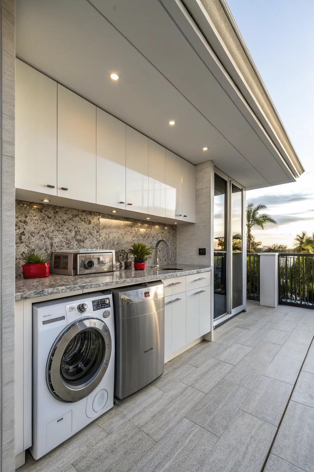 Seamlessly integrated laundry cabinets in an outdoor kitchen.
