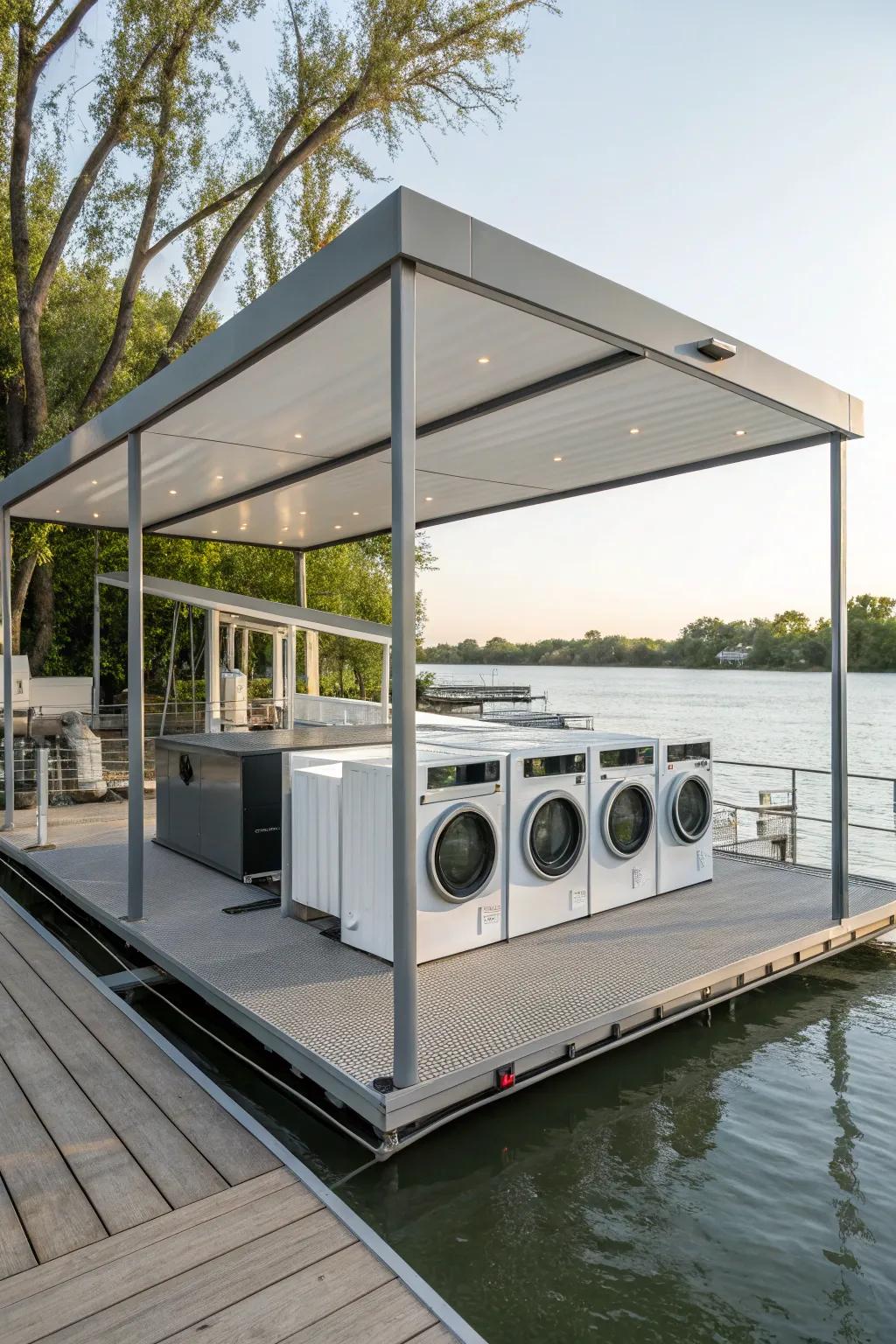 Modern floating platform for elevated laundry machines.