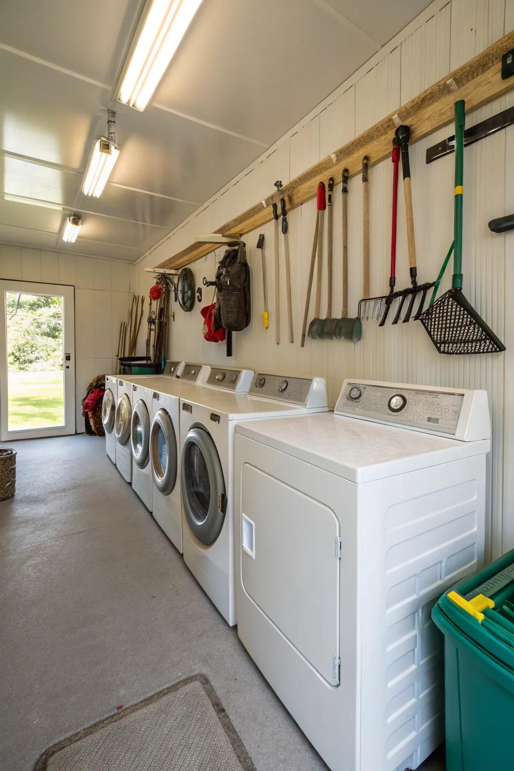 Utility shed that serves both laundry and storage purposes.