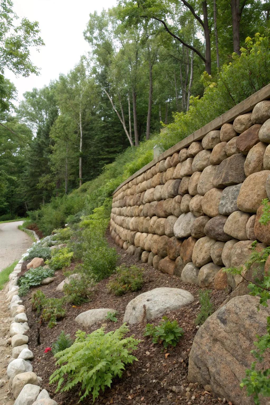 Earth-toned river rocks create a serene and timeless garden aesthetic.