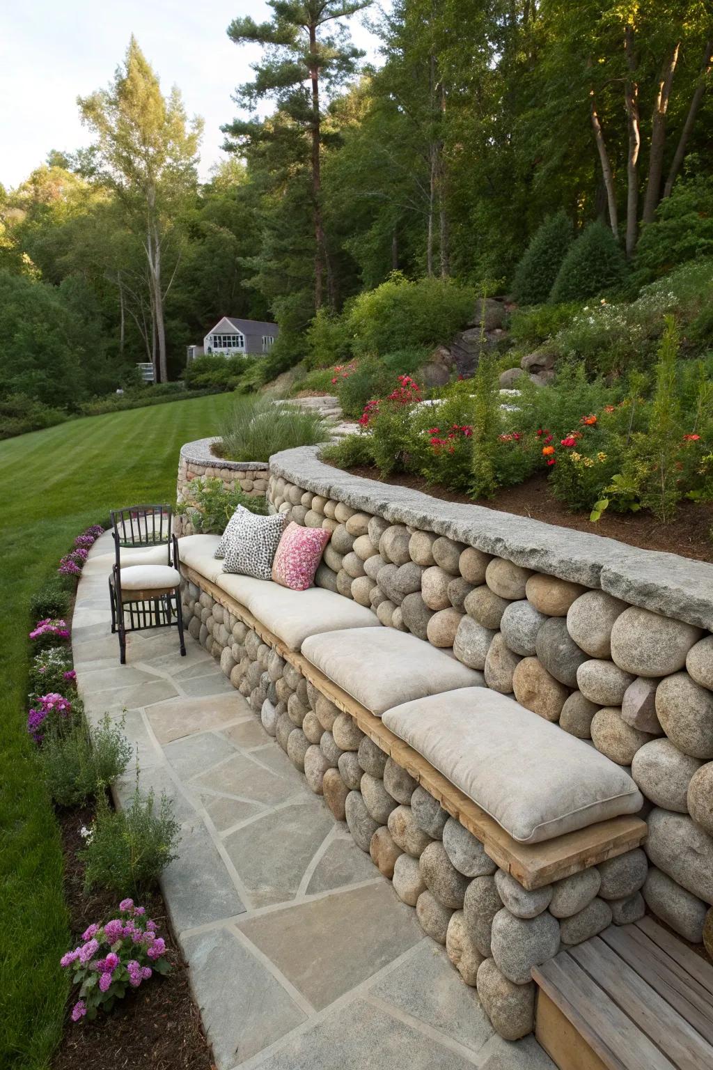 A functional seating area crafted from river rocks offers a perfect garden view.