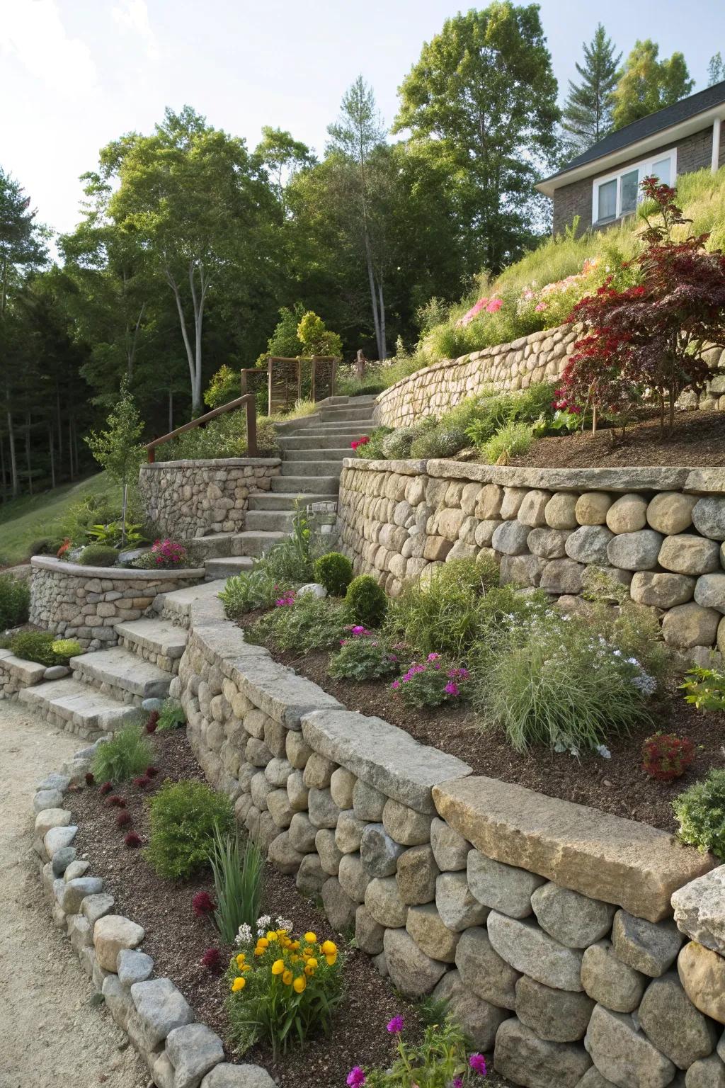 Multi-level river rock walls add depth and dimension to any garden landscape.