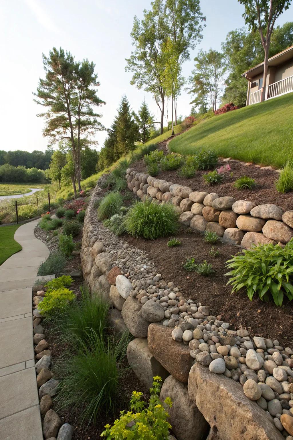 River rock walls provide effective slope management and stunning garden aesthetics.