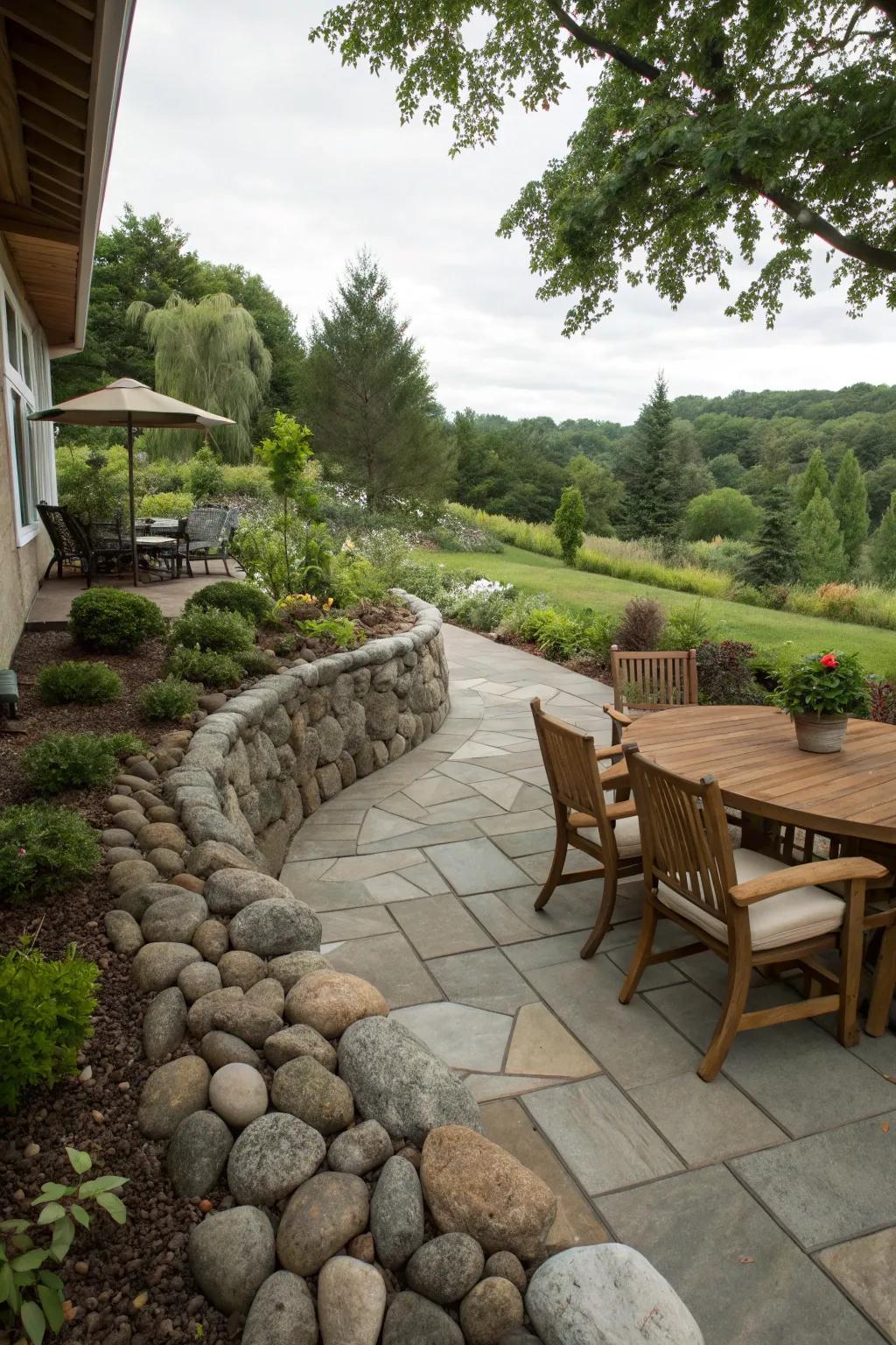 A patio seamlessly expanded with the natural elegance of river rock walls.