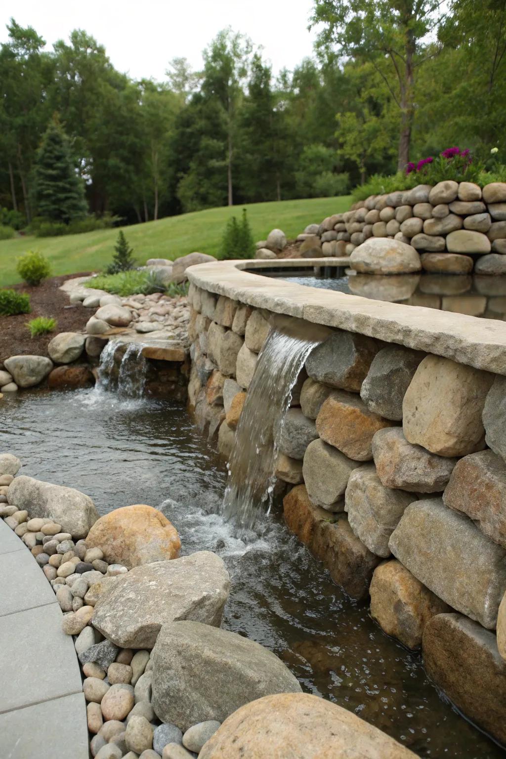 A soothing water feature integrated into a river rock wall adds serenity to the garden.