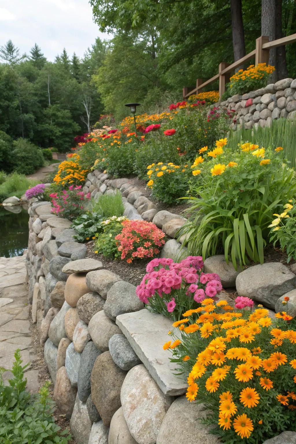 Colorful blooms contrast beautifully with the earthy tones of river rock walls.