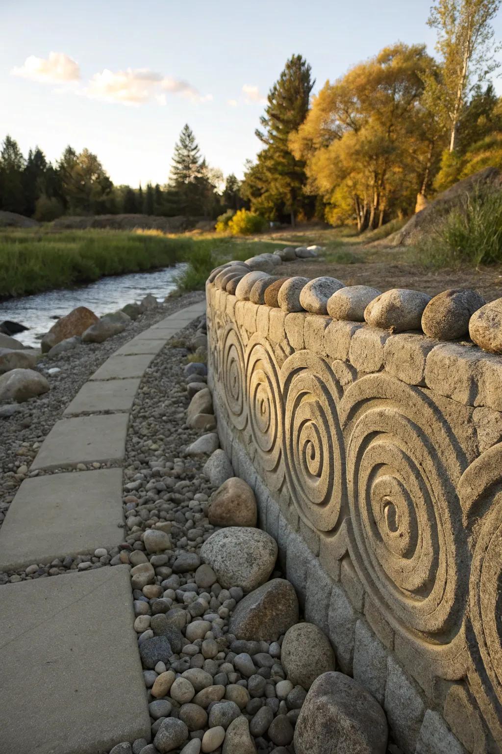 Artistic patterns in river rock walls bring a unique flair to garden designs.