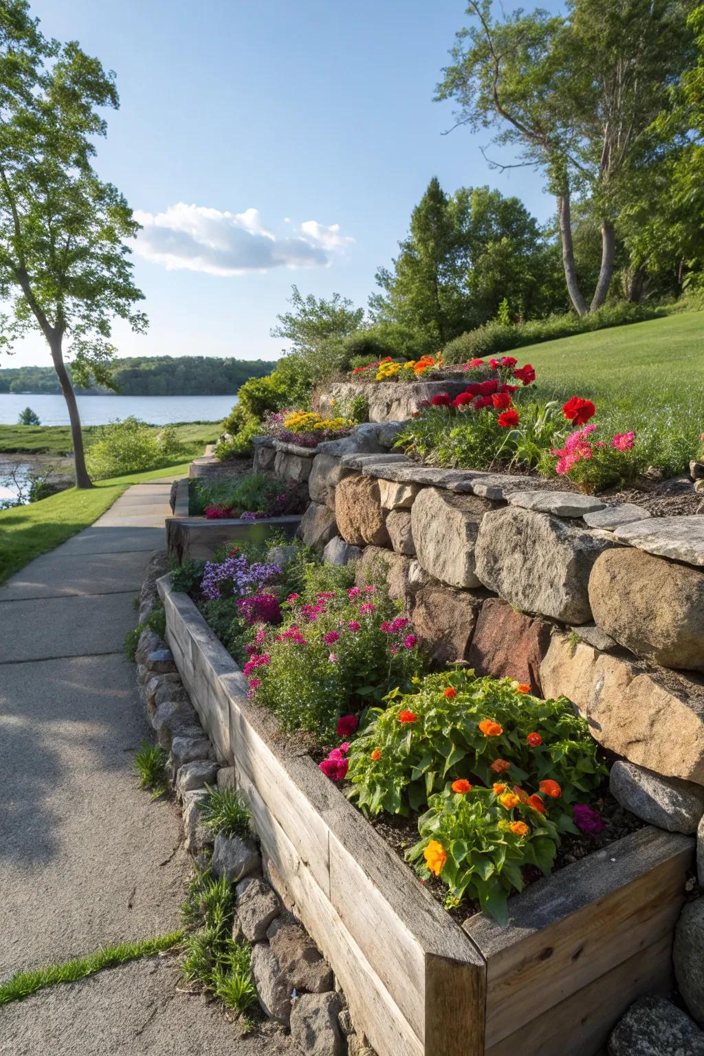 Raised garden beds within a river rock wall offer a beautiful display of colorful blooms.