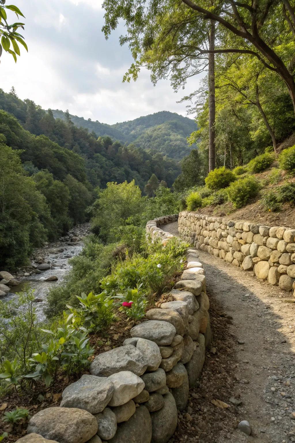 A rustic river rock wall blending effortlessly with a lush green landscape.