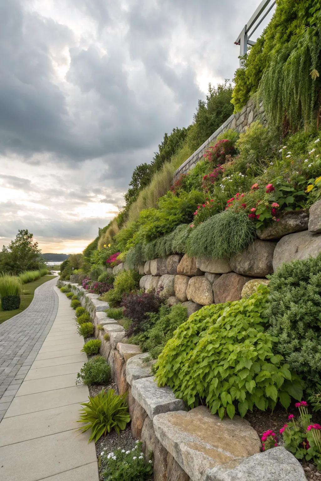 A vibrant vertical garden growing within the spaces of a river rock wall.