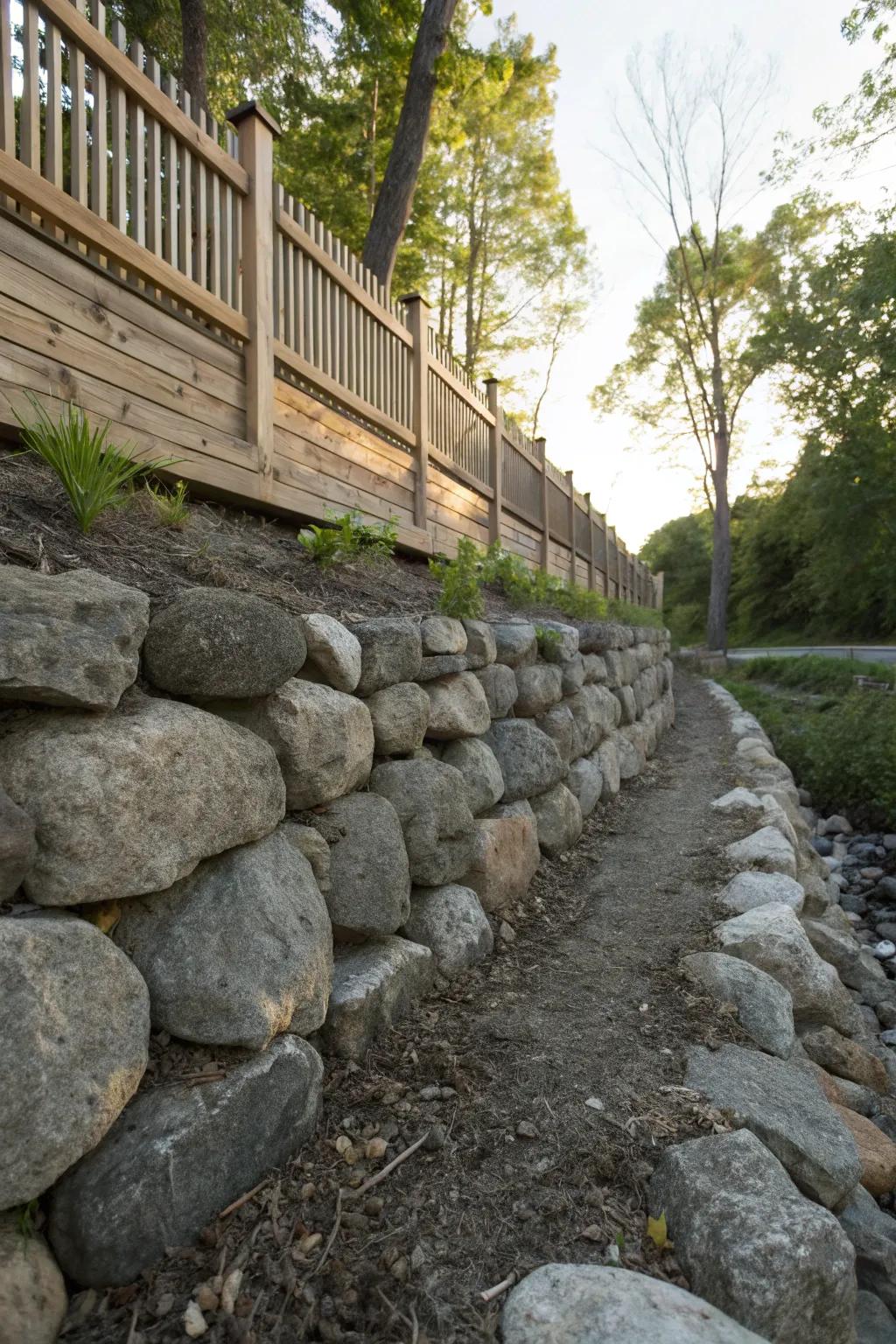 A harmonious blend of privacy and style with a fence atop a river rock wall.
