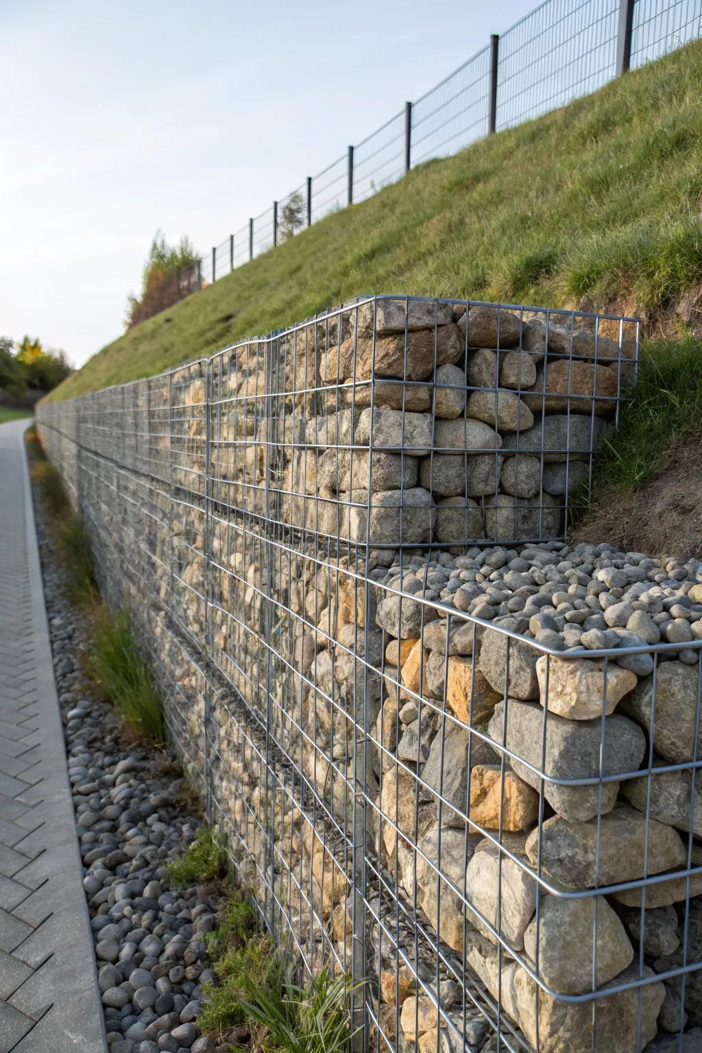 Gabion baskets offer a modern, sturdy solution for river rock retaining walls.