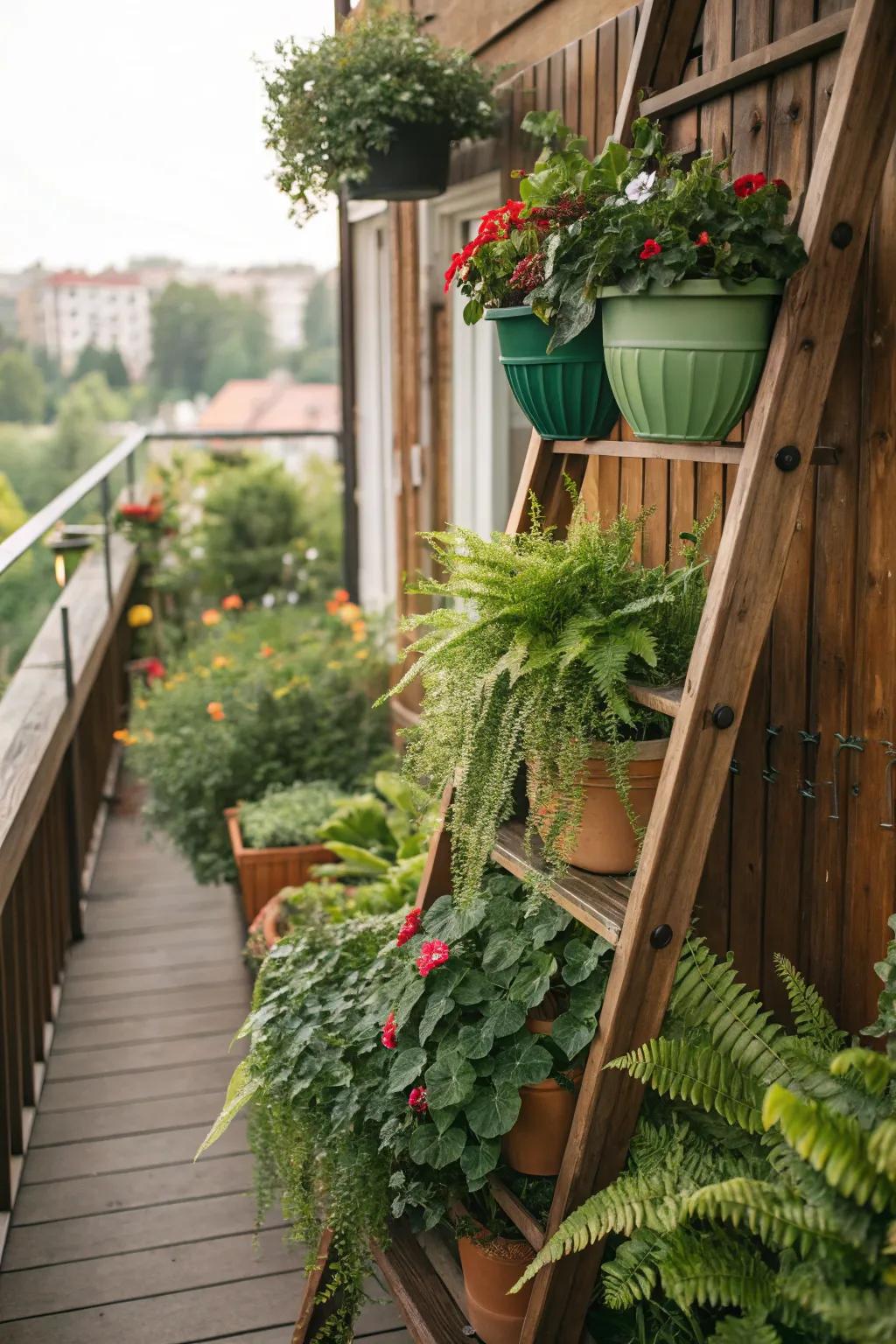 A vertical garden using a ladder to maximize space