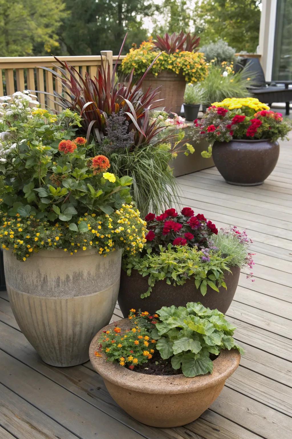 An assortment of large and small pots creating a dynamic look