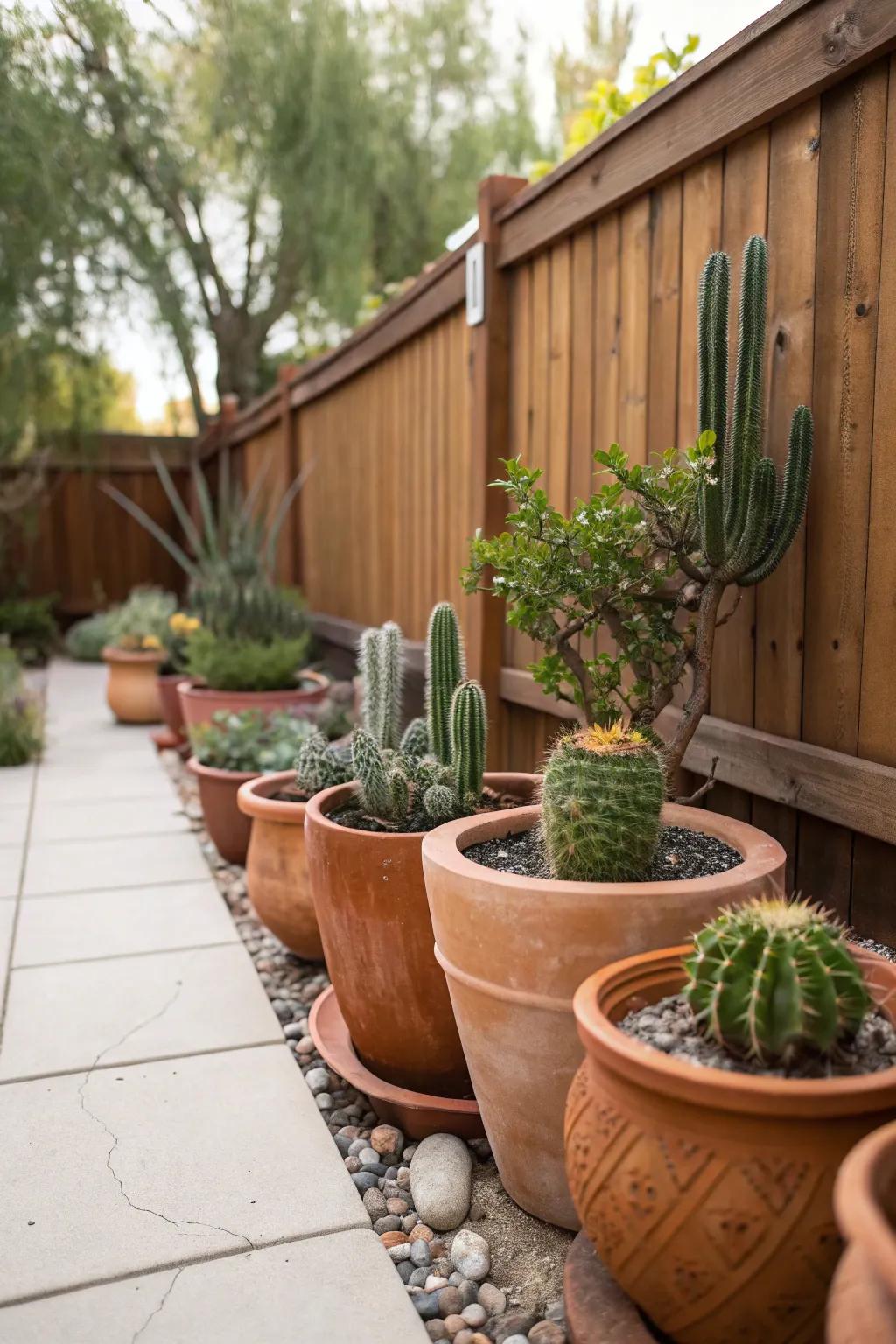 A vibrant cactus corner with terracotta pots