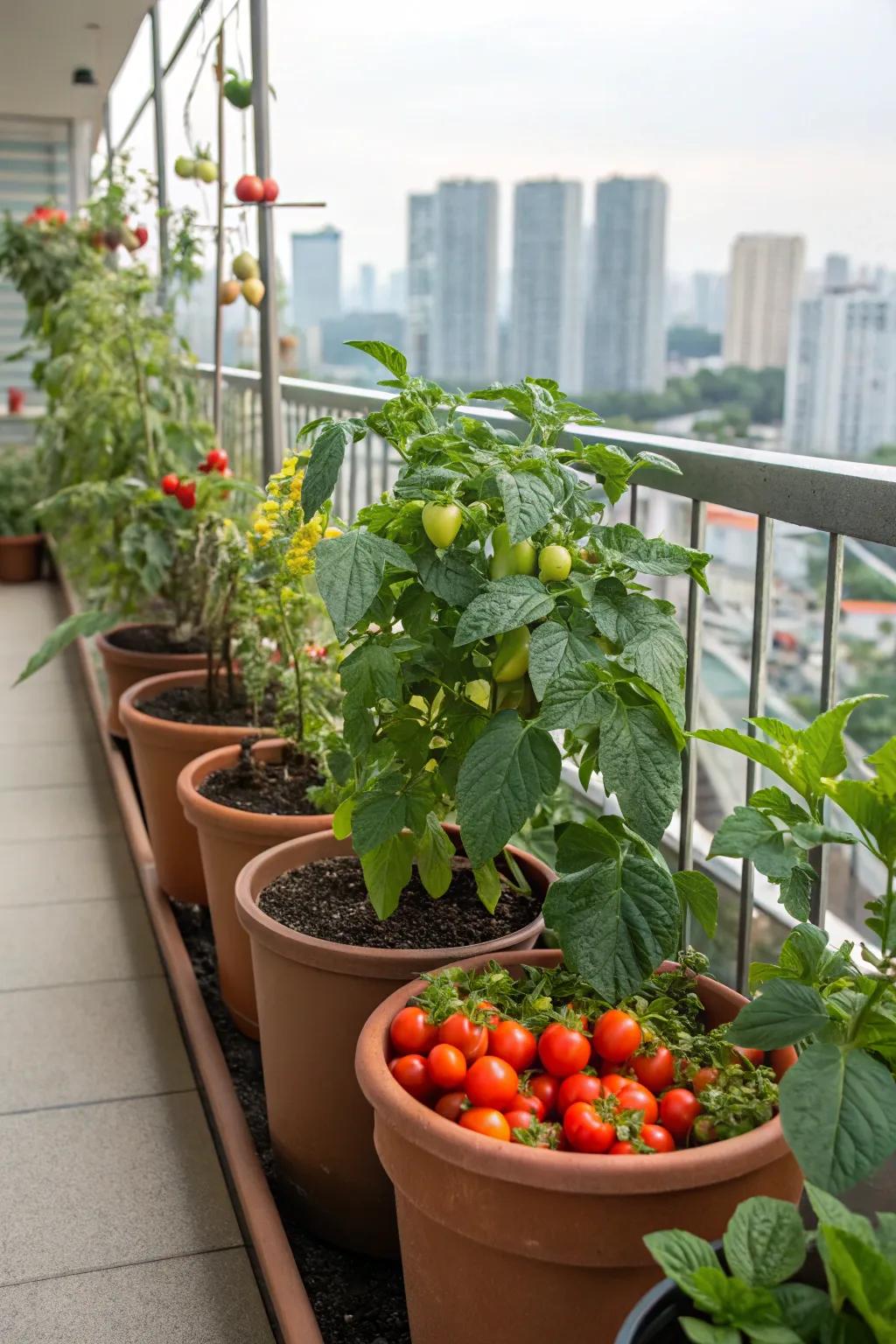An edible pot garden with tomatoes, peppers, and strawberries