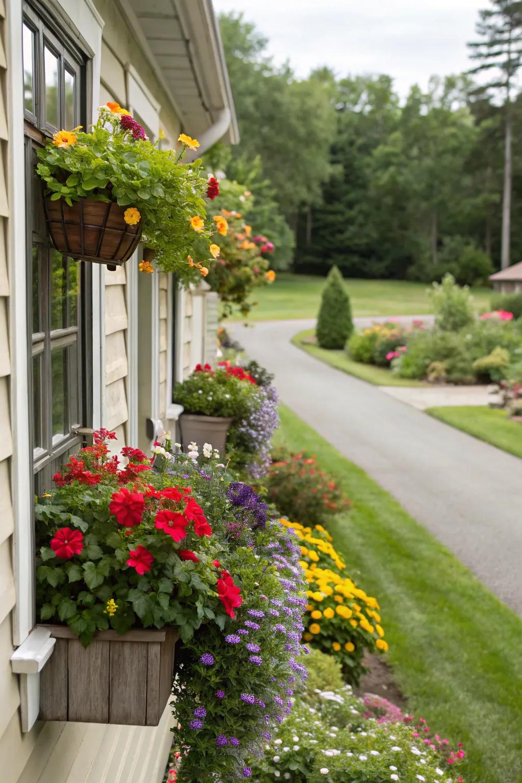 Window boxes filled with vibrant blooms frame the view
