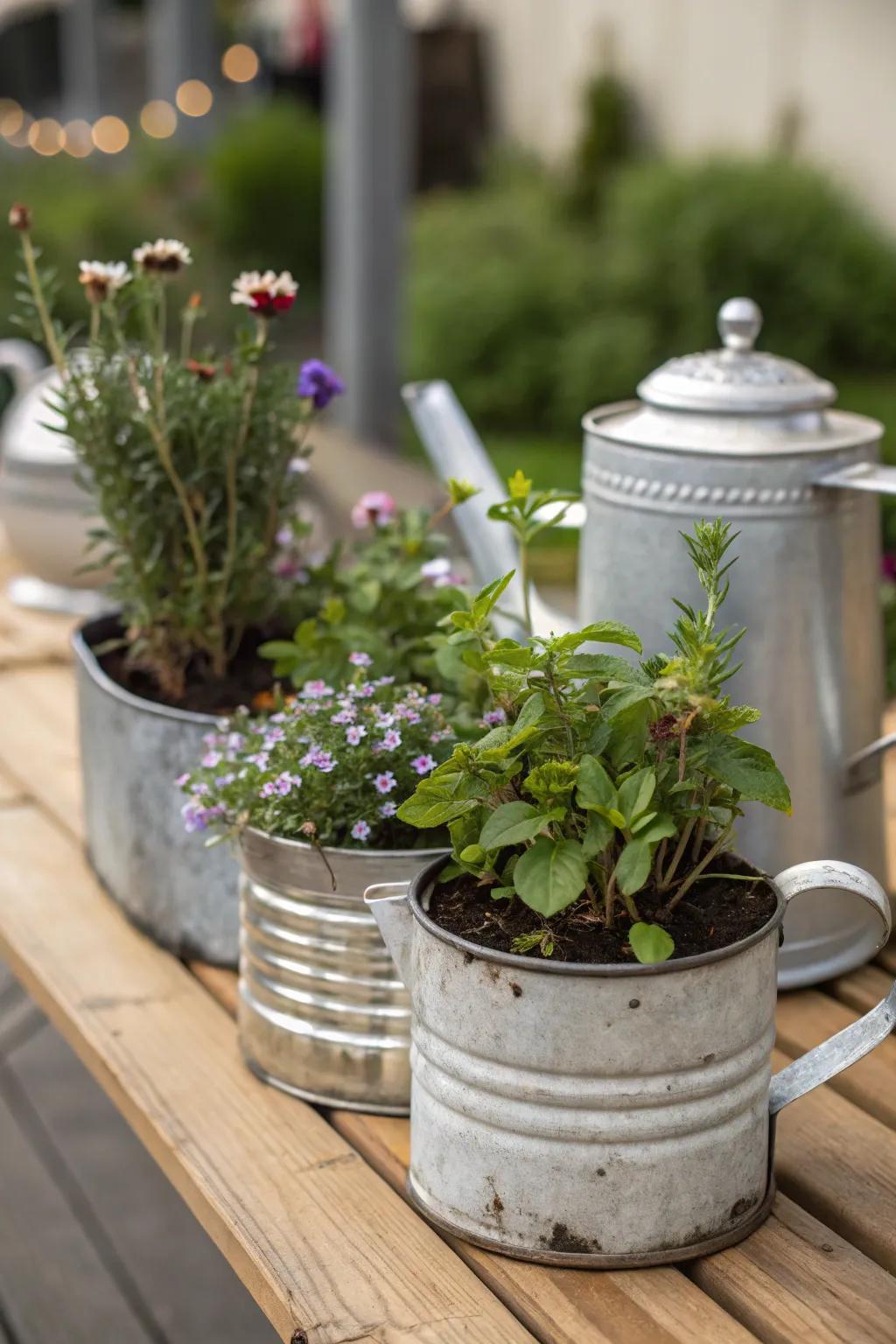 Vintage containers repurposed as charming planters
