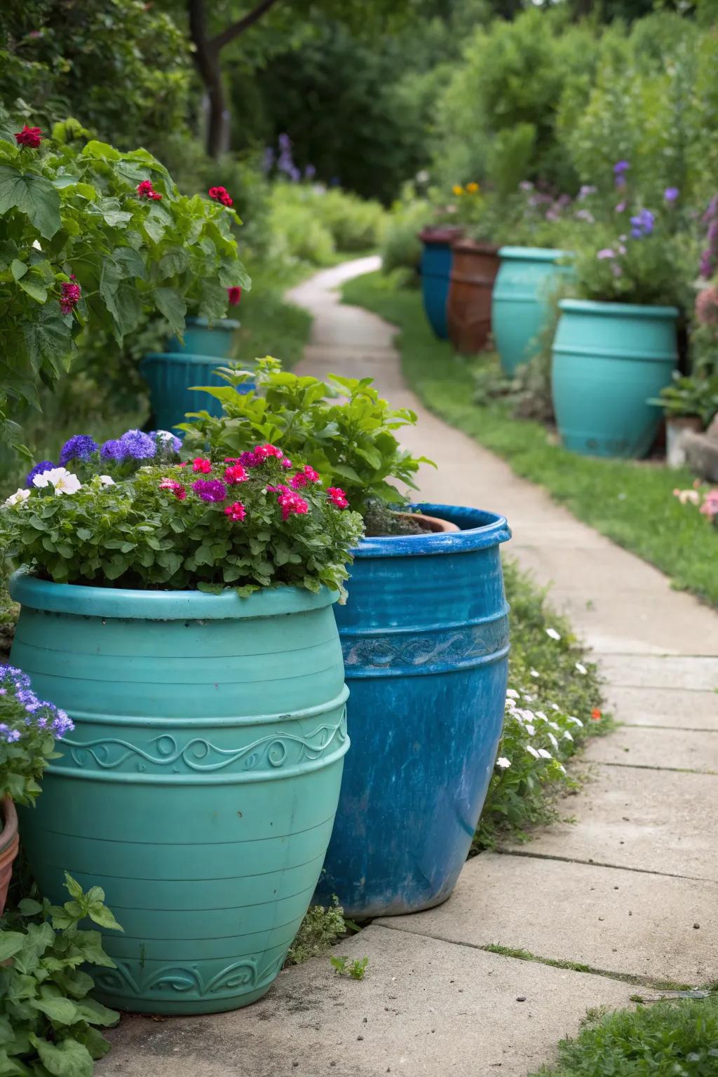 Color-coordinated pots in harmonious shades of blue and green
