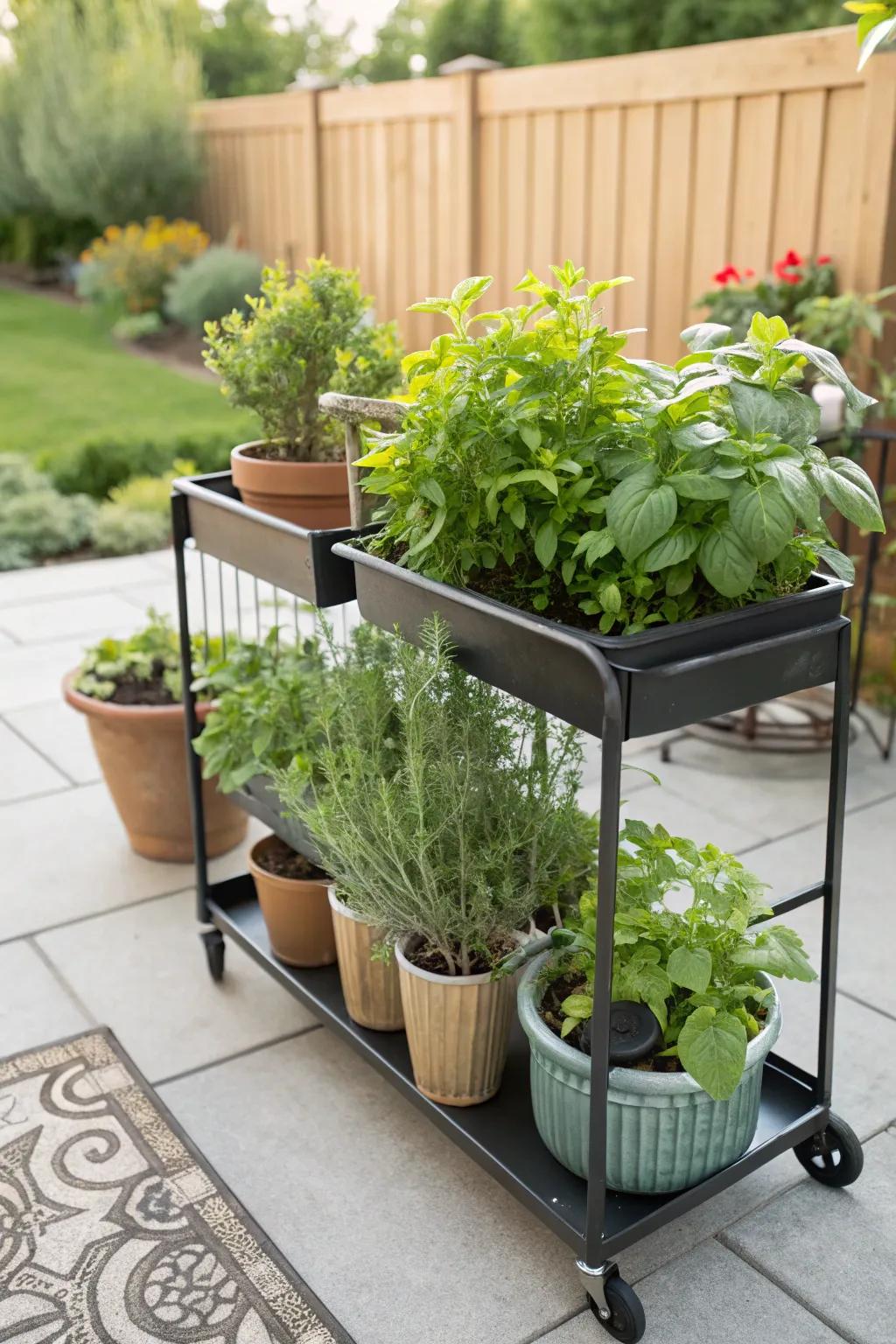 A mobile herb garden on a rolling cart for convenience