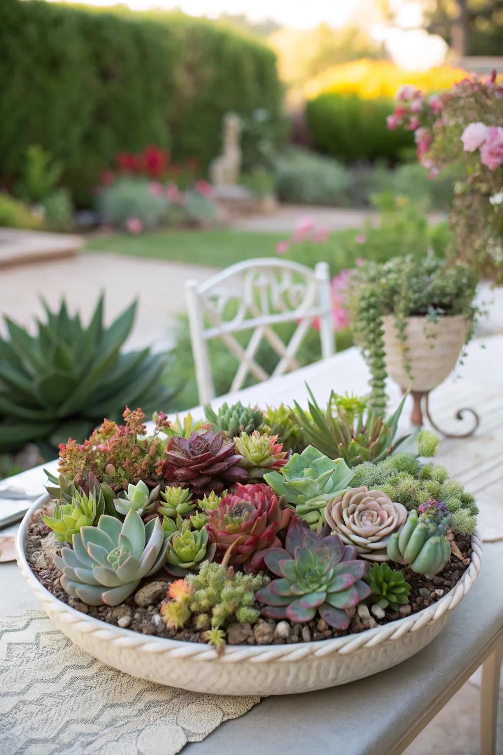 A shallow dish filled with a stunning variety of succulents