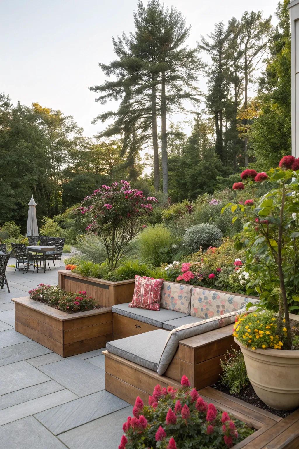 Planters with built-in seating for a stylish lounge area