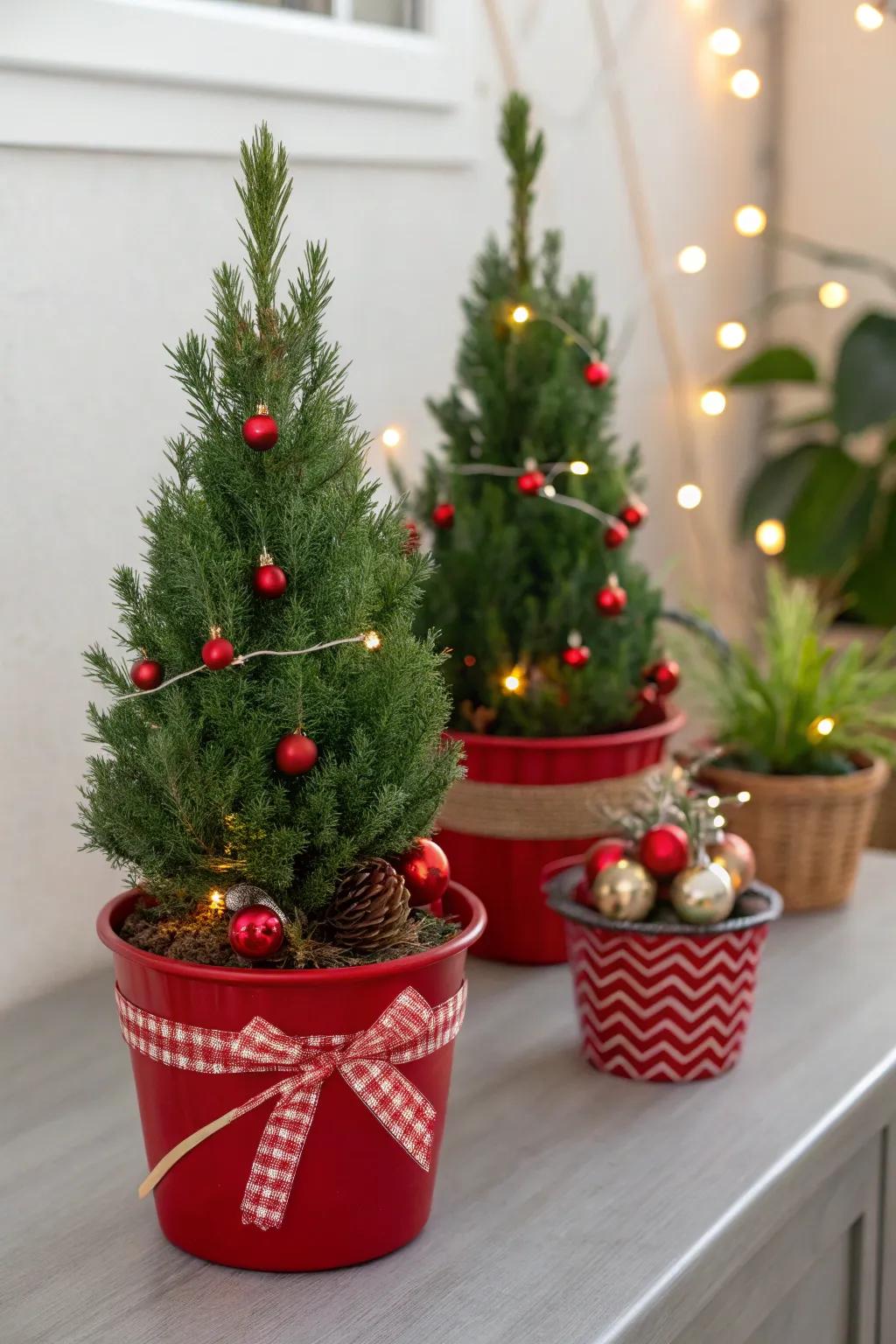 Festive seasonal pots with miniature pine trees