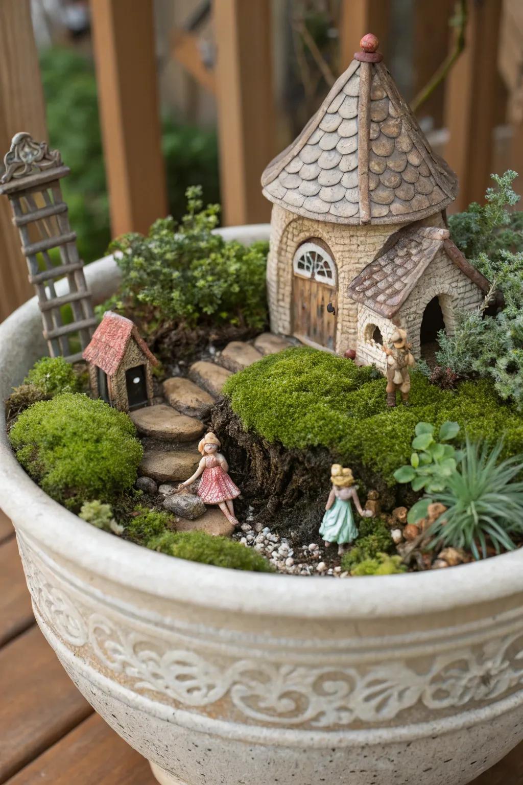A whimsical miniature fairy garden in a ceramic pot