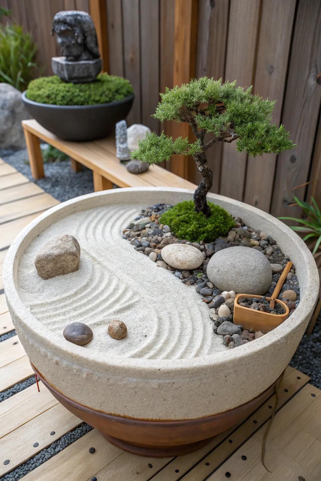 A tranquil zen garden in a ceramic pot
