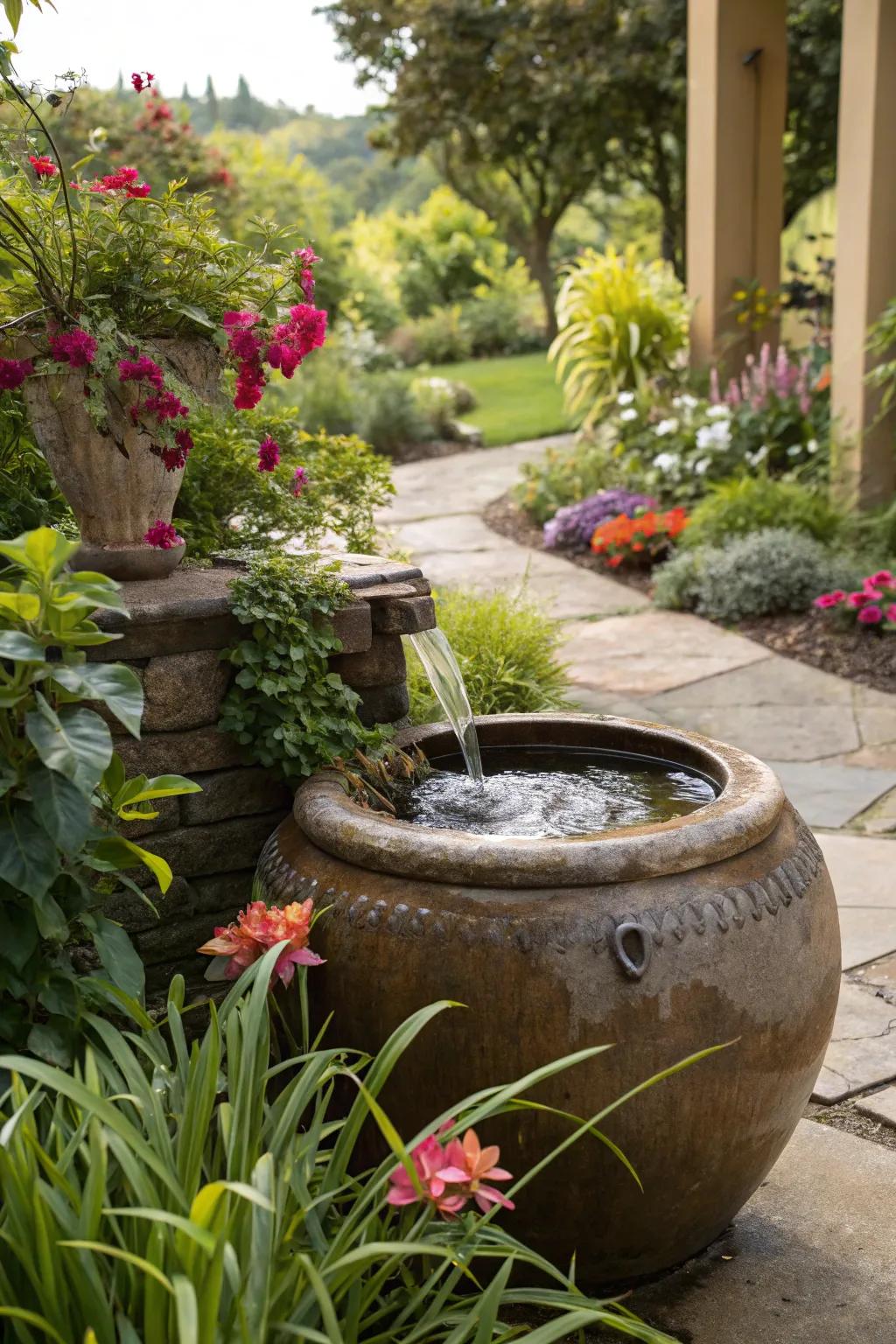 A pot with a calming water feature surrounded by greenery