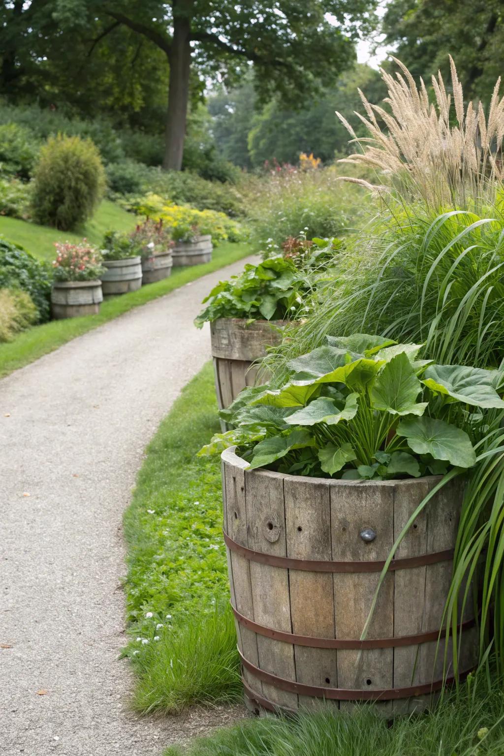 Rustic wooden planters filled with lush greenery