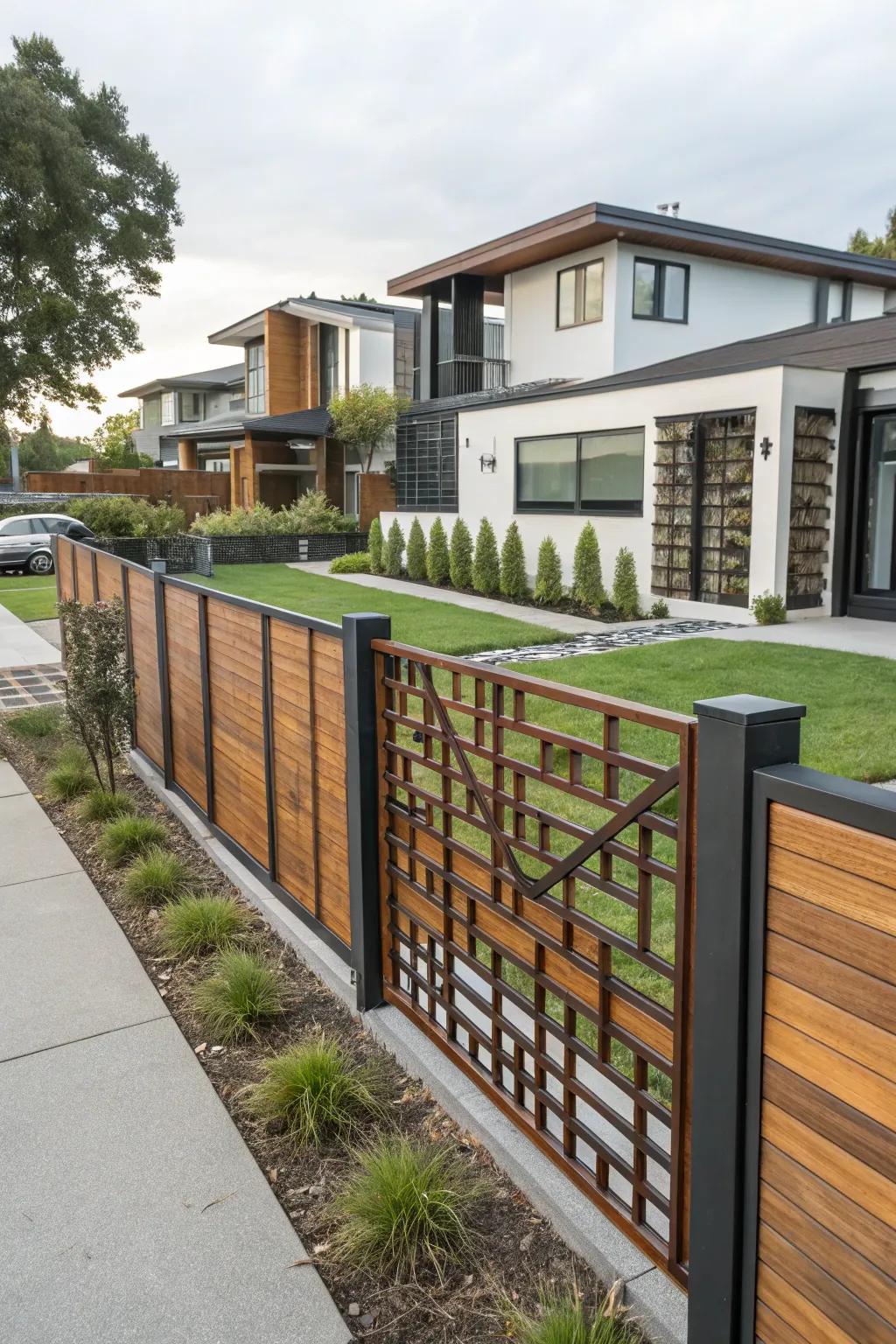 Mixing elements adds dynamic contrast to modern fences.