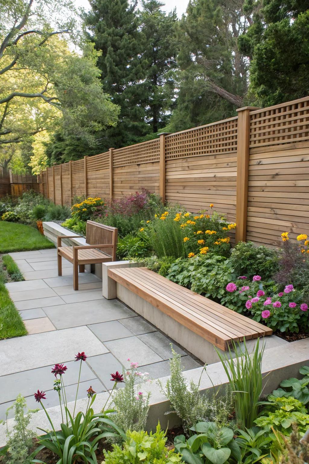 Integrated seating turns a fence into a functional feature.