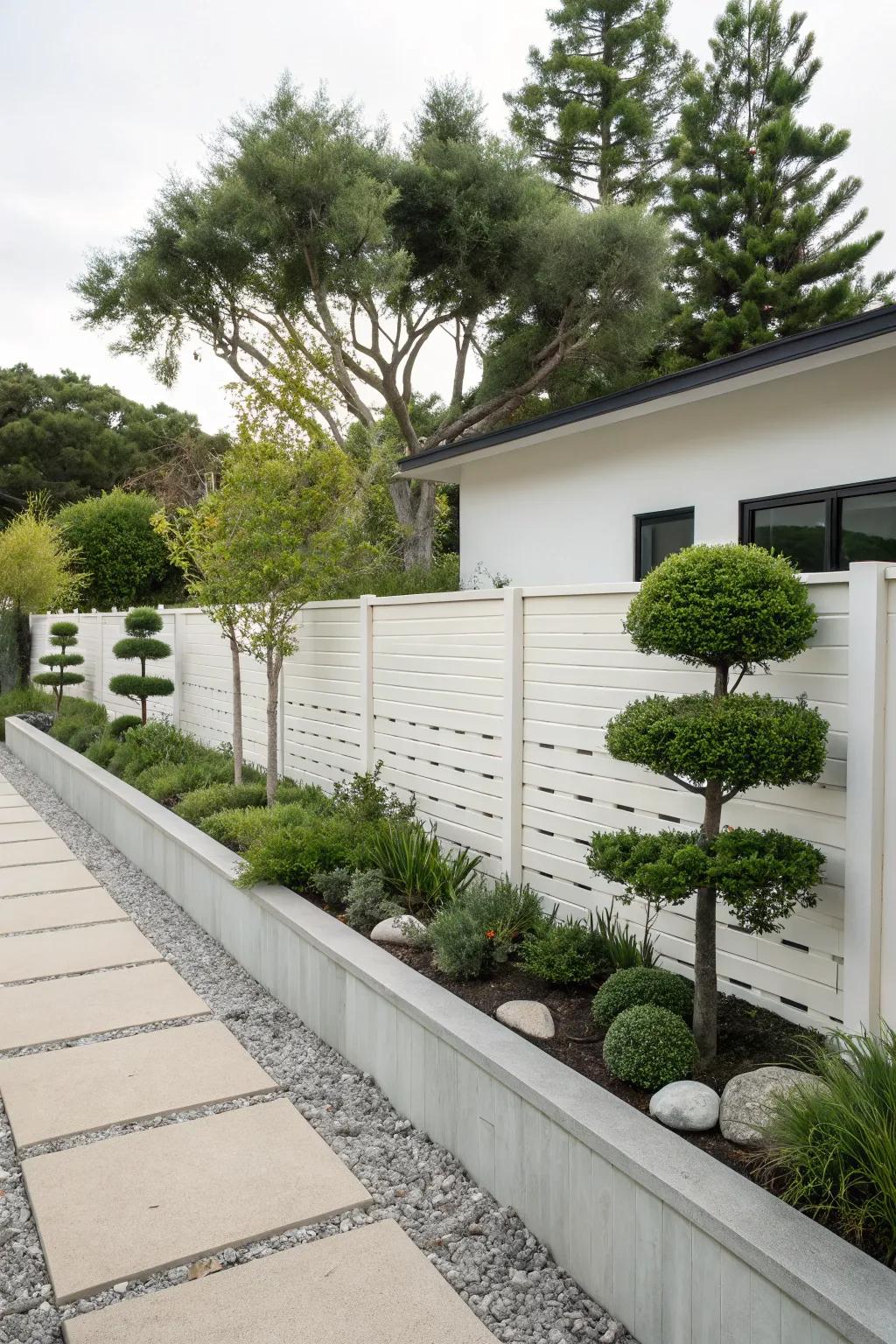 Minimalistic landscaping enhances the simplicity of a modern fence.