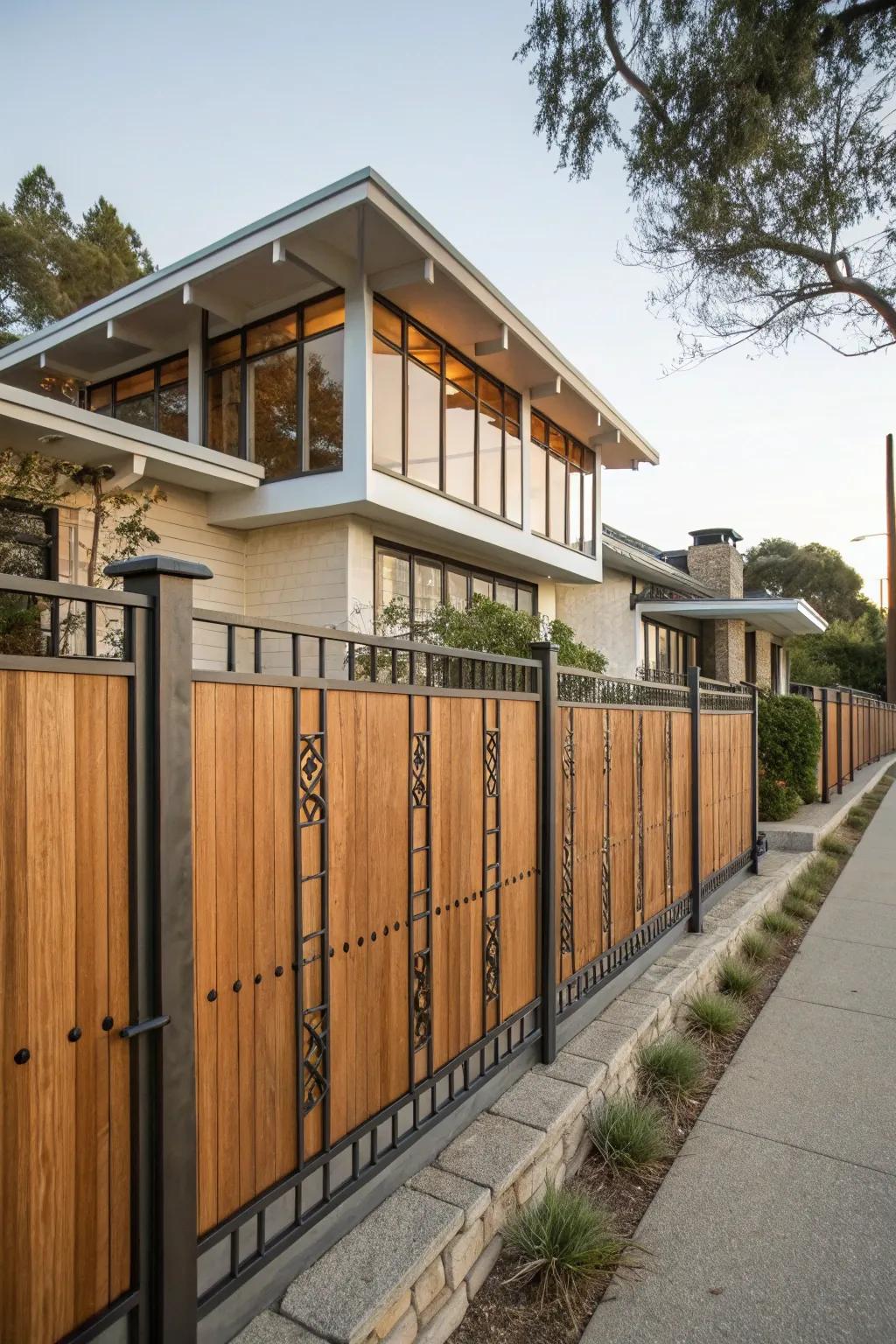Mixed materials create a unique and textured fence design.