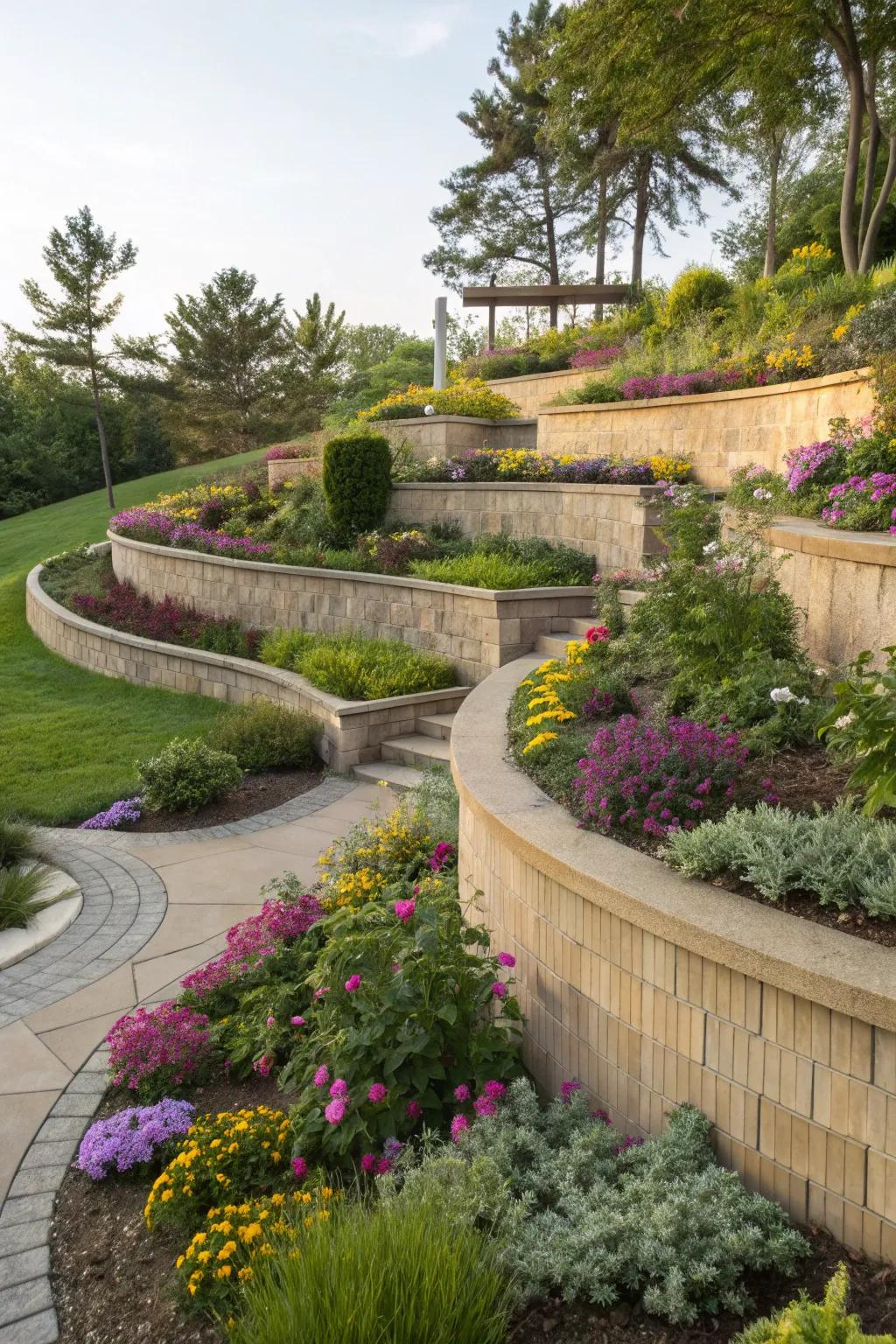 Tiered beds add dimension and a dynamic feel to garden designs.