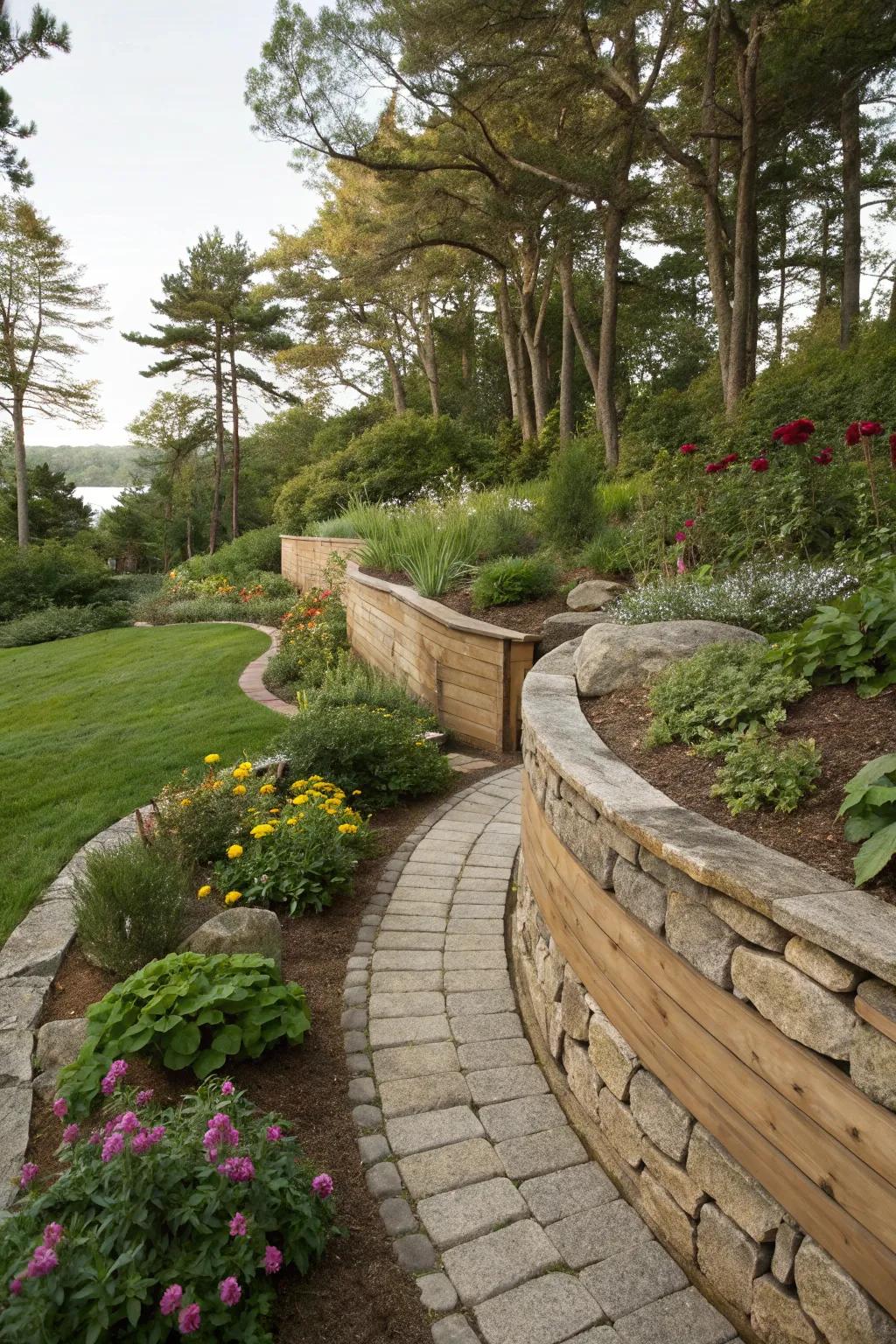 Natural materials create a harmonious and organic garden design.
